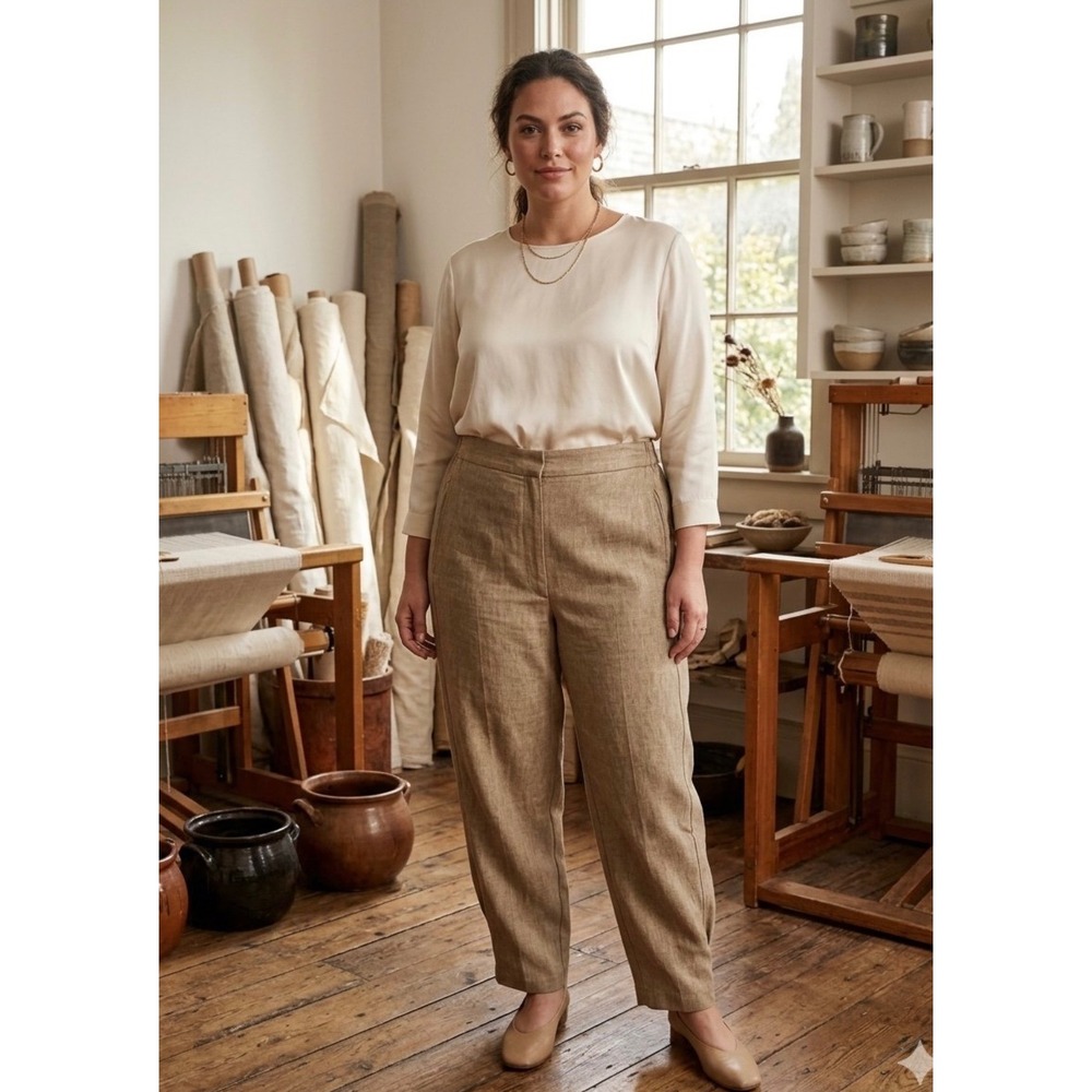 Linen Blend coastal Tapered Pants Tan Khaki High Waist Button Ankle Cuff XL
